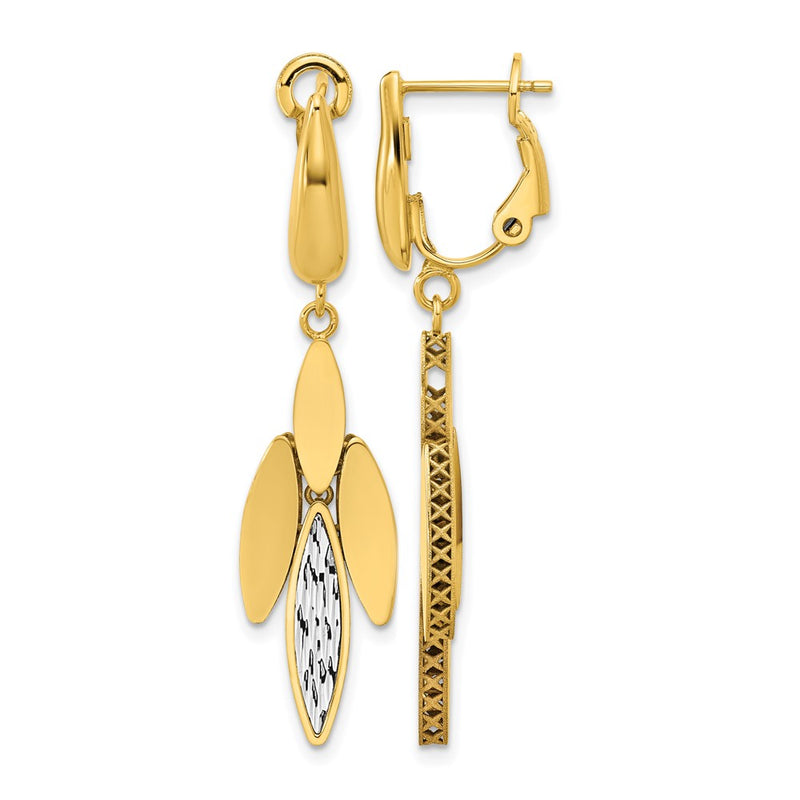 14K Two Tone Polish/Dia Cut Fancy Dangle Omega Earrings