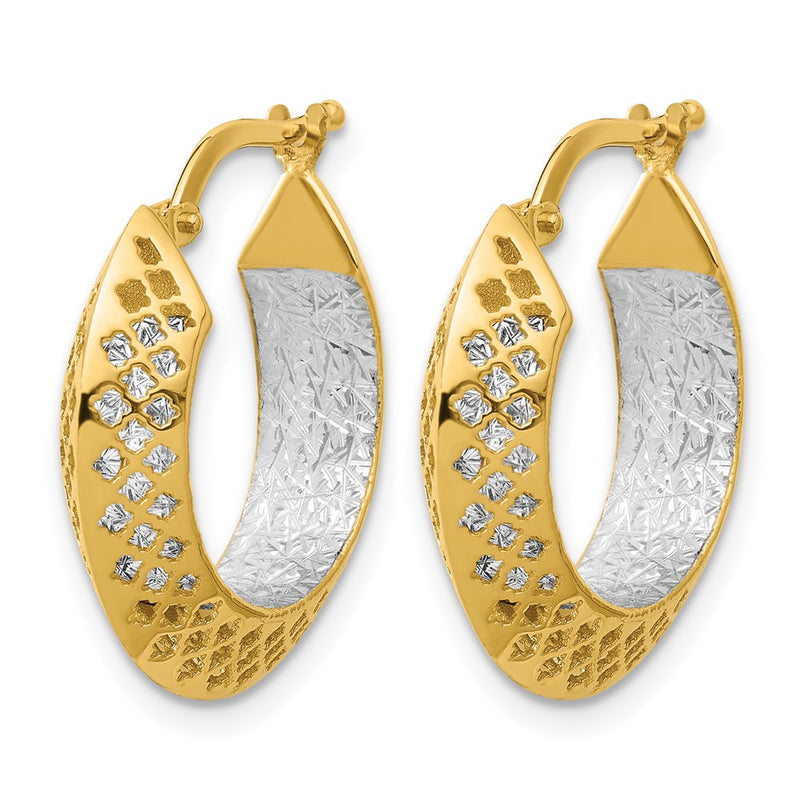 14K Two Tone Polished And Diamond Cut Hoop Earrings