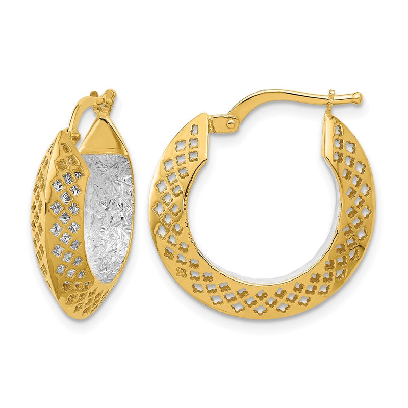 14K Two Tone Polished And Diamond Cut Hoop Earrings