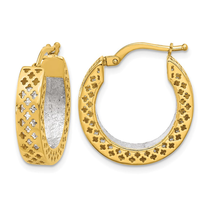 14K Two Tone Polished And Diamond Cut Hoop Earrings