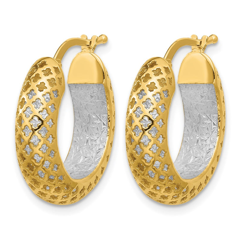 14K Two Tone Polished And Diamond Cut Hoop Earrings