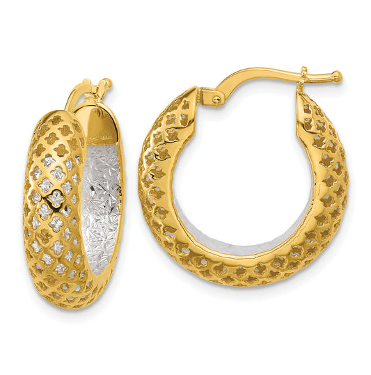 14K Two Tone Polished And Diamond Cut Hoop Earrings