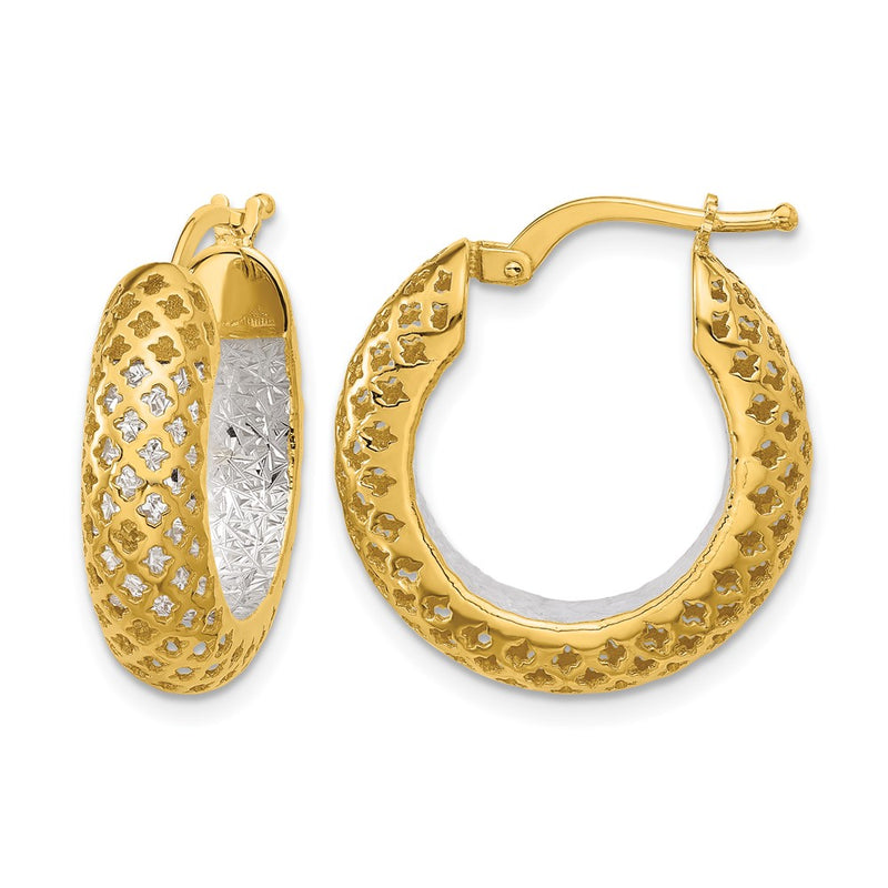 14K Two Tone Polished And Diamond Cut Hoop Earrings