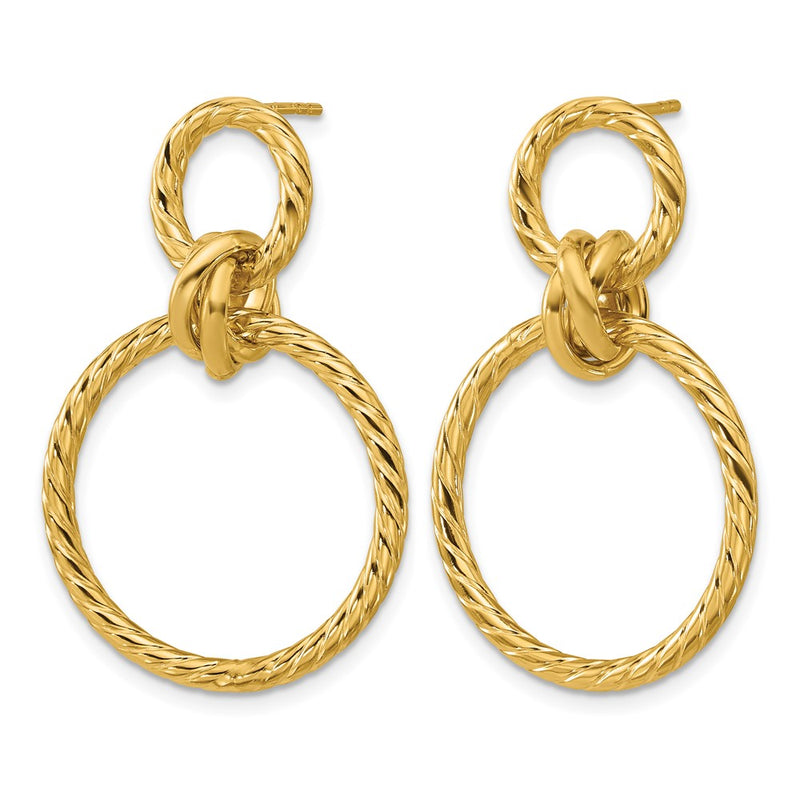 14K Yellow Gold Polished And Twisted Circles Dangle Post Earrings
