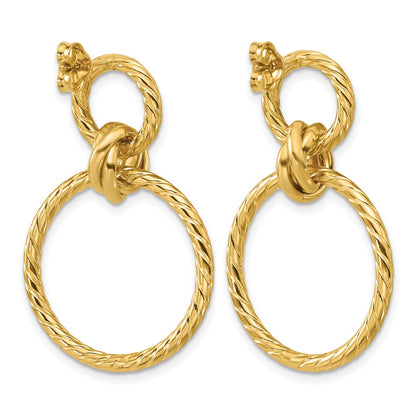 14K Yellow Gold Polished And Twisted Circles Dangle Post Earrings