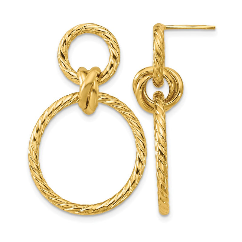 14K Yellow Gold Polished And Twisted Circles Dangle Post Earrings