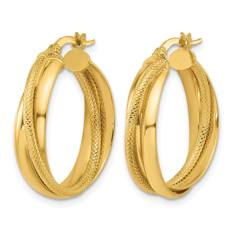14K Yellow Gold Polished And Textured Round Hoop Earrings