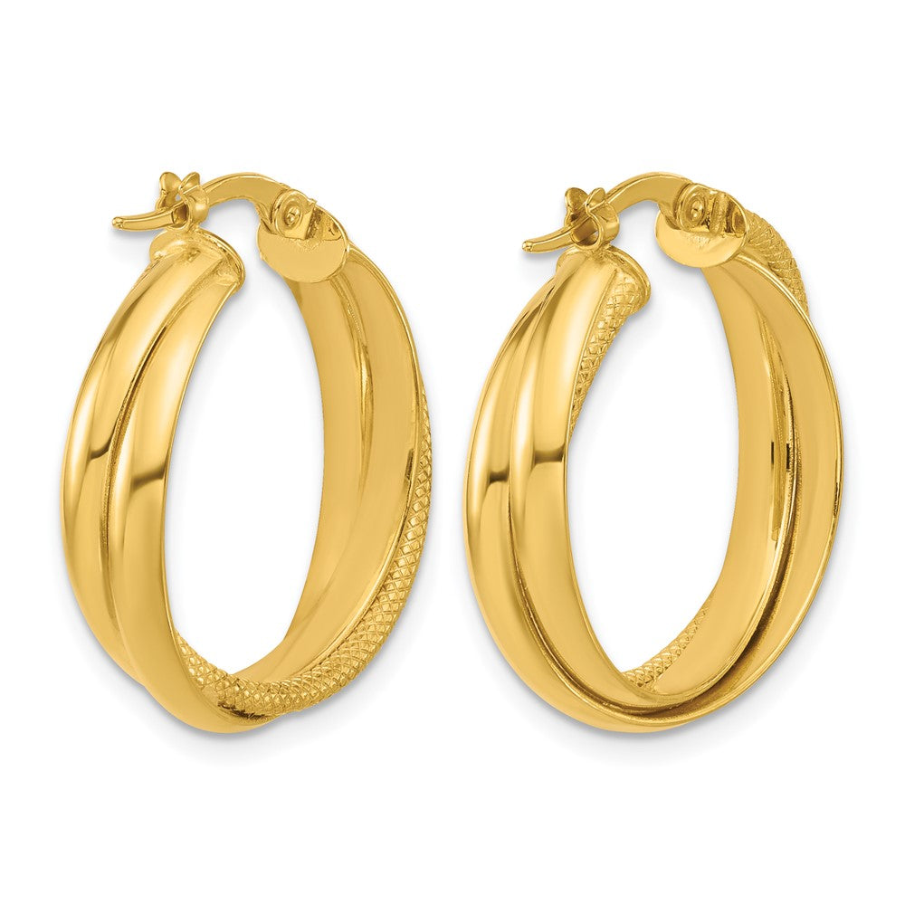 14K Yellow Gold Polished And Textured Round Hoop Earrings