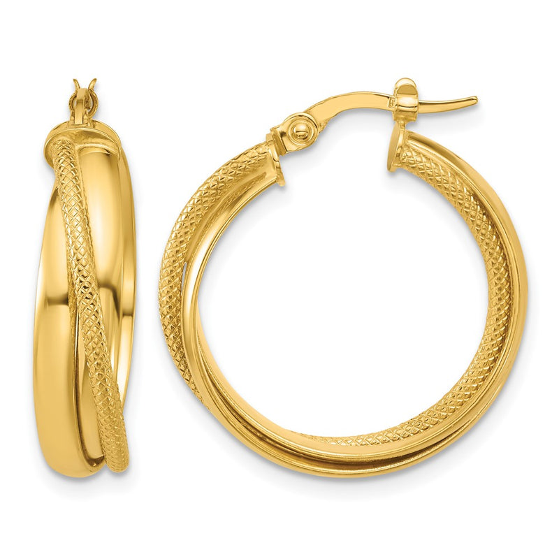 14K Yellow Gold Polished And Textured Round Hoop Earrings