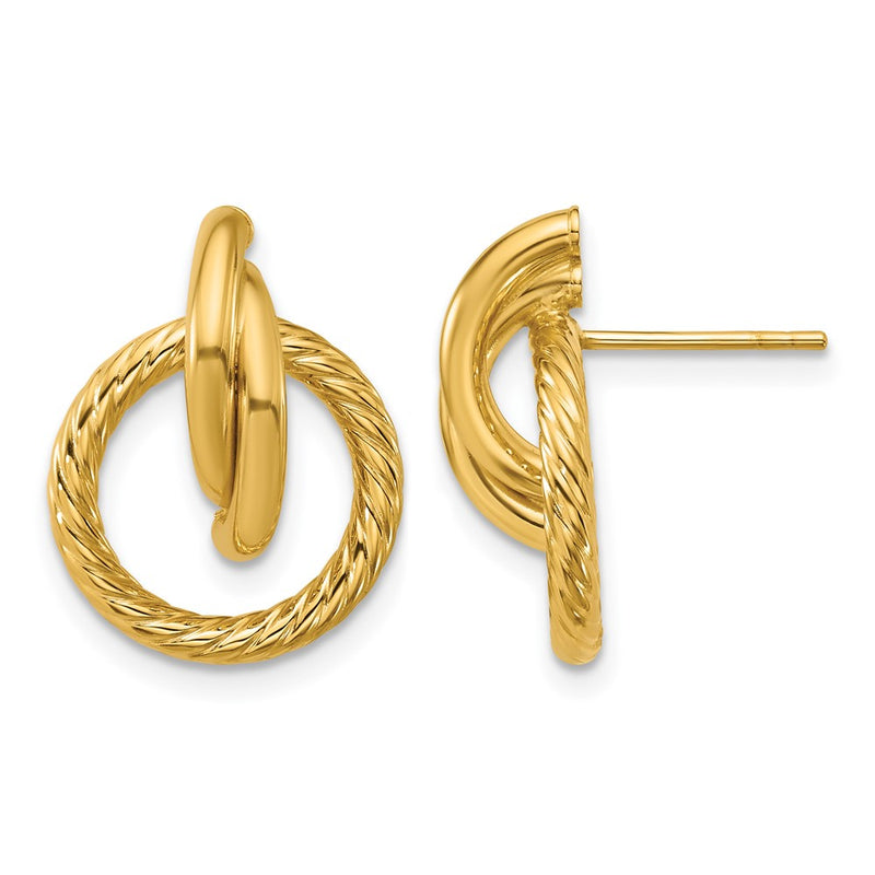 14K Yellow Gold Polished And Twisted Circles Drop Post Earrings