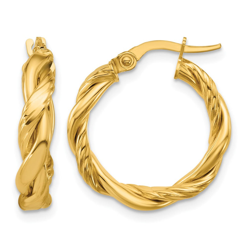 14K Yellow Gold Polished And Twisted Round Hoop Earrings