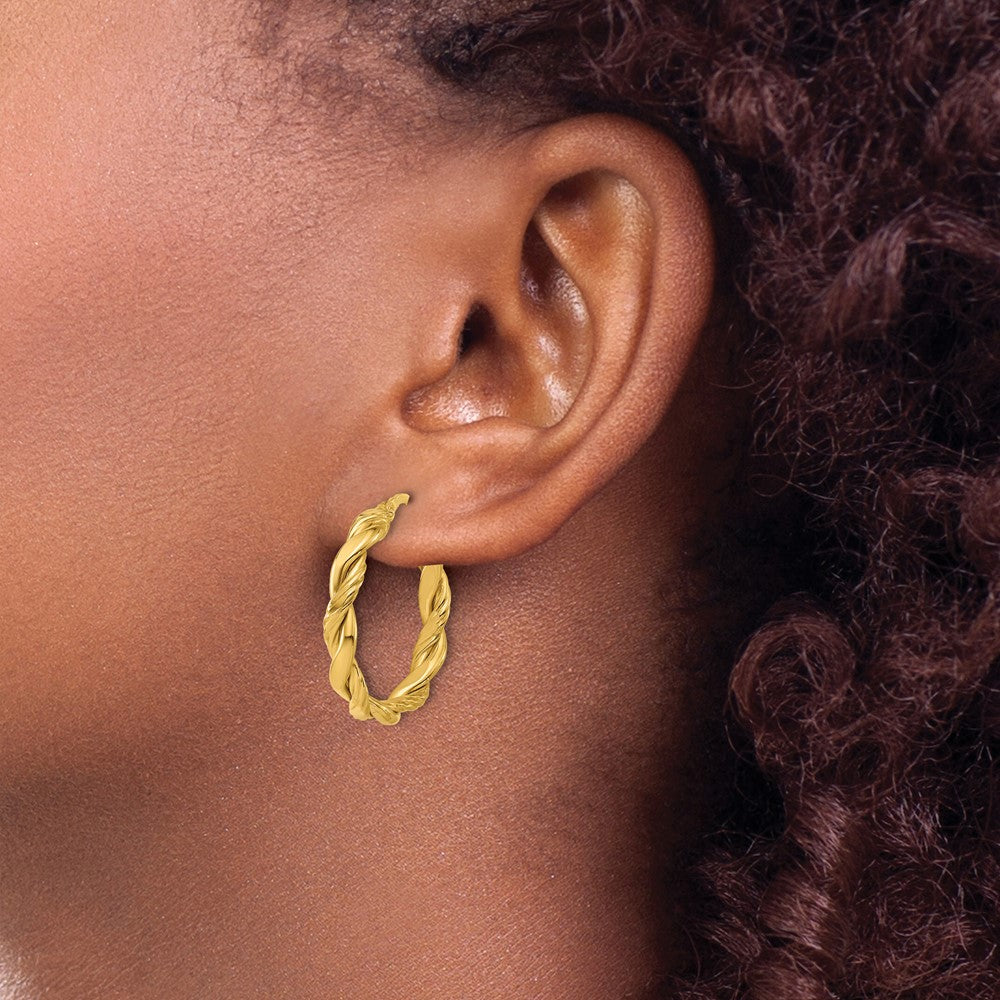 14K Yellow Gold Polished And Twisted Round Hoop Earrings