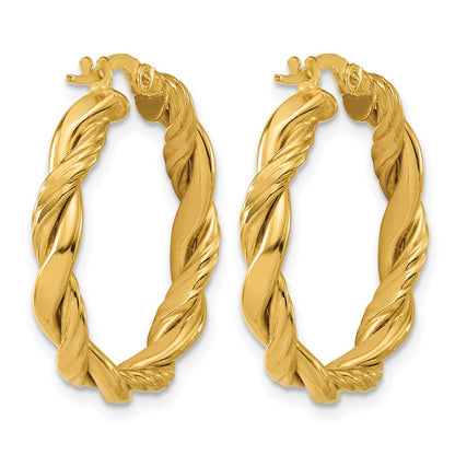 14K Yellow Gold Polished And Twisted Round Hoop Earrings