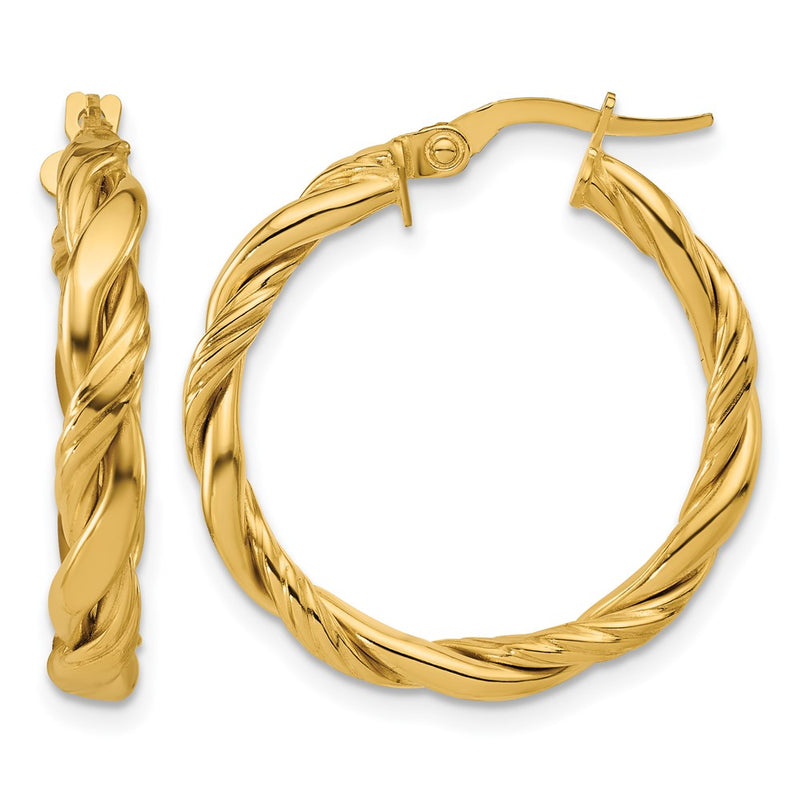 14K Yellow Gold Polished And Twisted Round Hoop Earrings