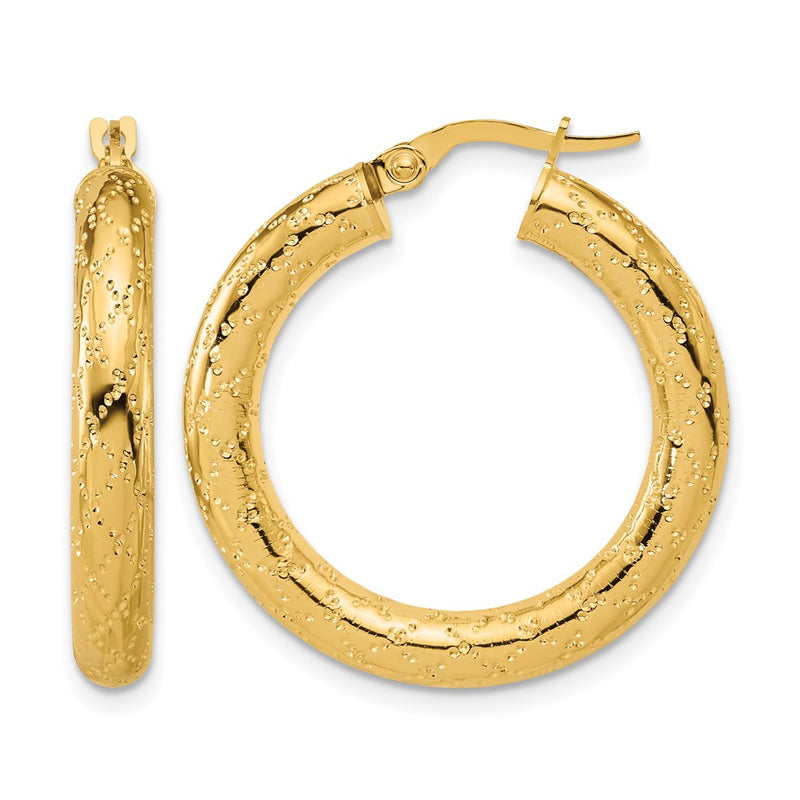 14K Yellow Gold Polished Patterned Round Hoop Earrings