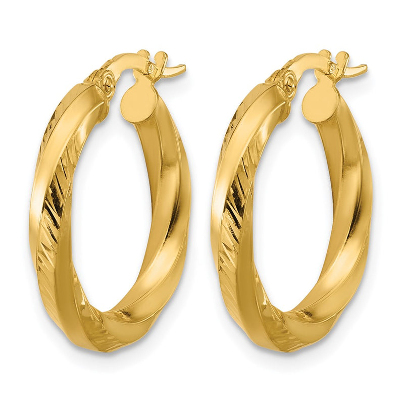 14K Yellow Gold Polished And Diamond Cut Round Hoop Earrings
