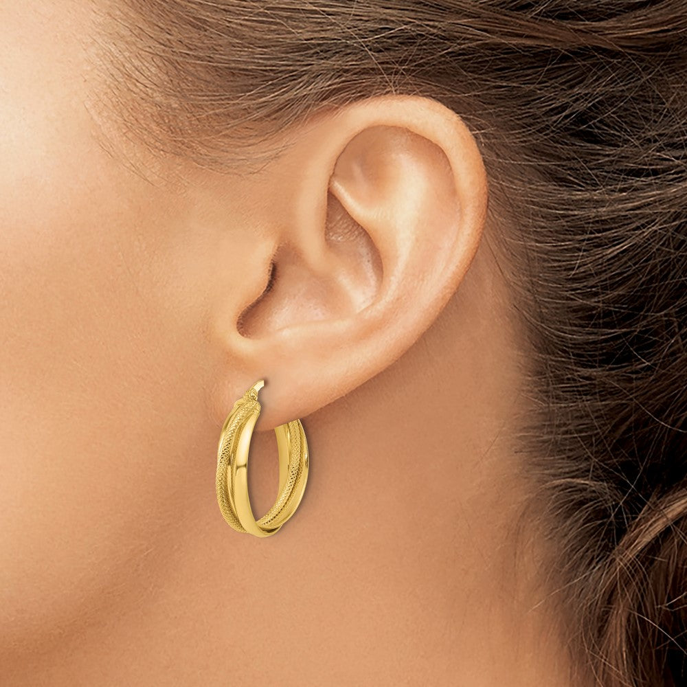 14K Yellow Gold Polished And Diamond Cut Round Hoop Earrings