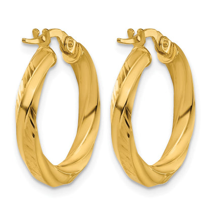 14K Yellow Gold Polished And Diamond Cut Round Hoop Earrings