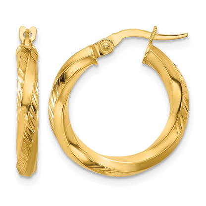 14K Yellow Gold Polished And Diamond Cut Round Hoop Earrings