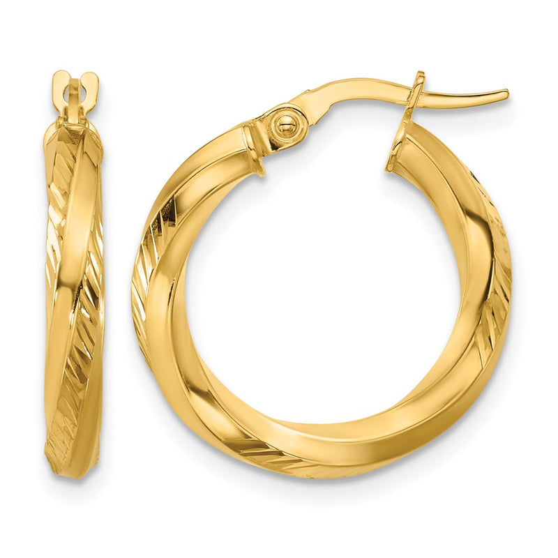 14K Yellow Gold Polished And Diamond Cut Round Hoop Earrings