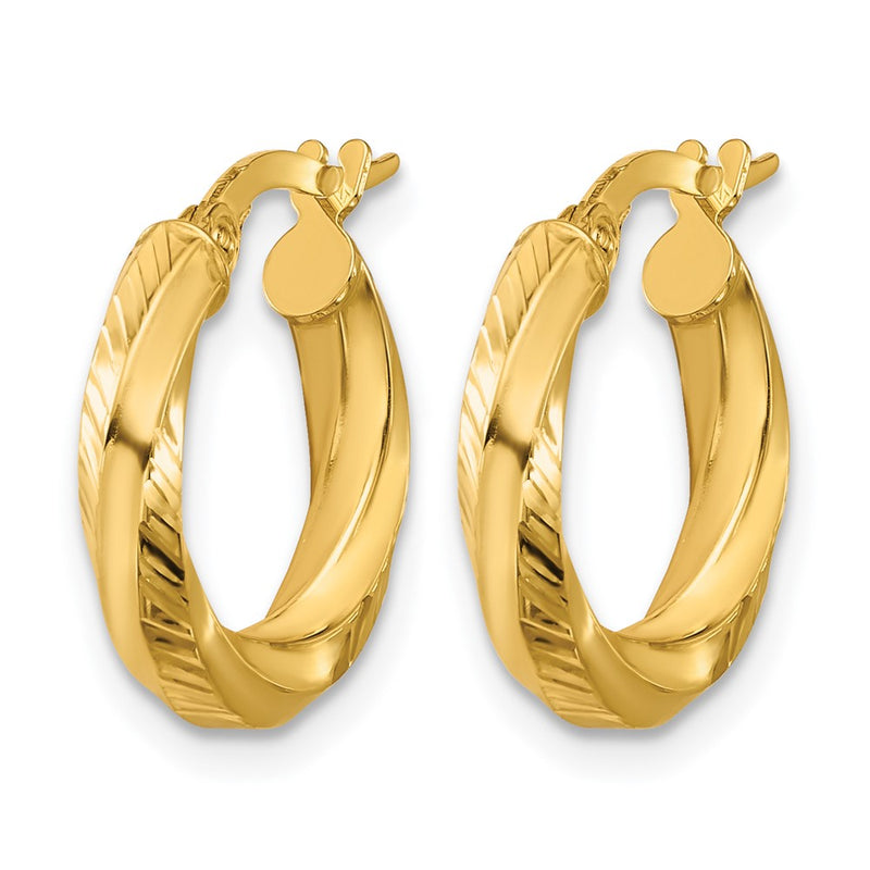 14K Yellow Gold Polished And Diamond Cut Round Hoop Earrings