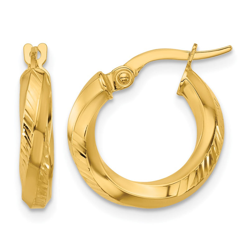 14K Yellow Gold Polished And Diamond Cut Round Hoop Earrings