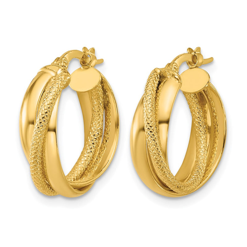 14K Yellow Gold Polished And Textured Round Hoop Earrings