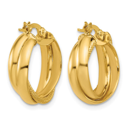 14K Yellow Gold Polished And Textured Round Hoop Earrings
