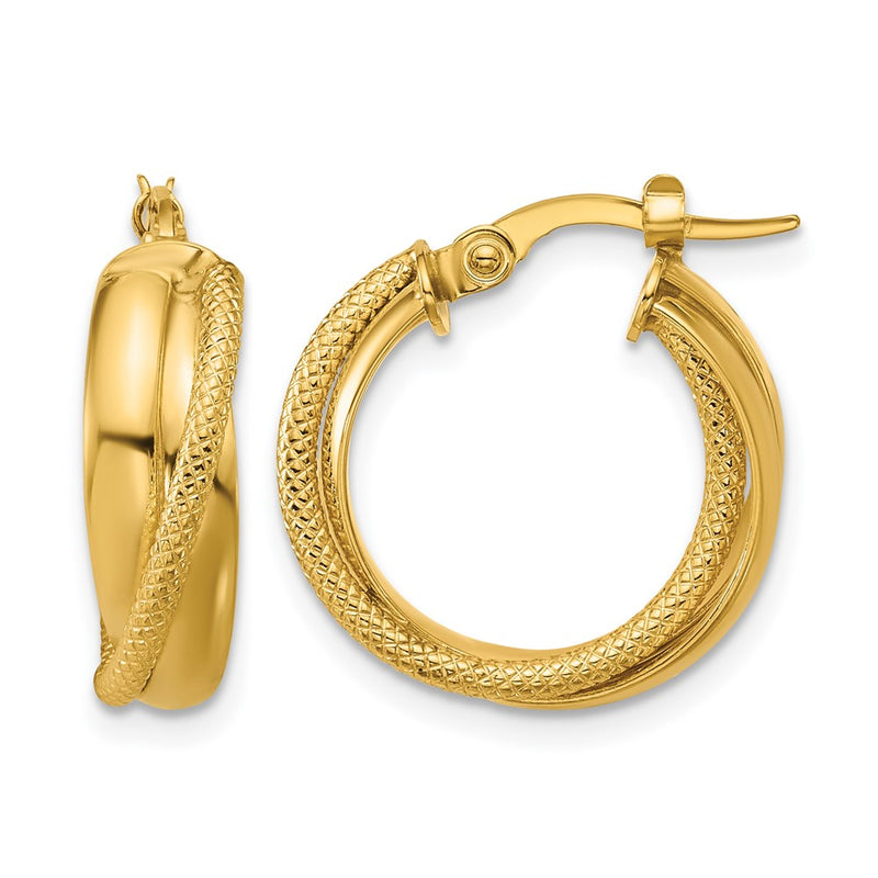 14K Yellow Gold Polished And Textured Round Hoop Earrings