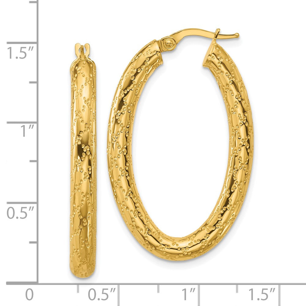 14K Yellow Gold Polished Patterned Oval Hoop Earrings