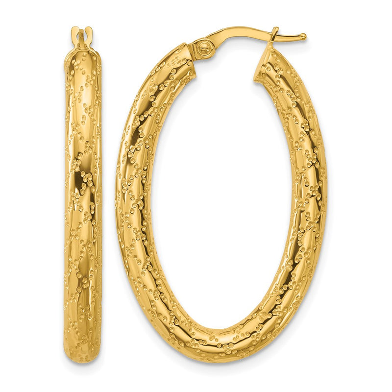 14K Yellow Gold Polished Patterned Oval Hoop Earrings