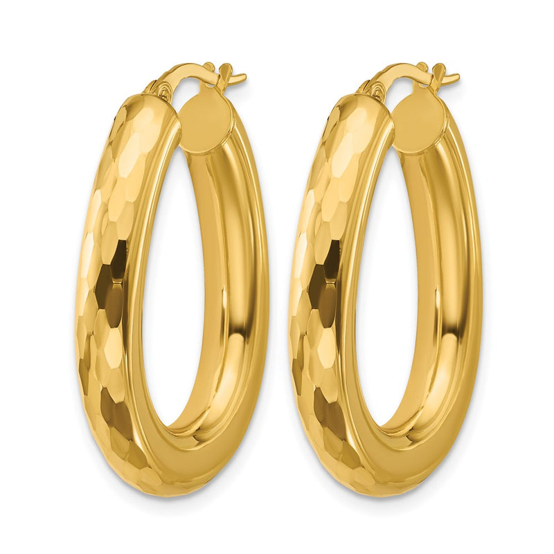 14K Yellow Gold Polished And Diamond Cut Oval Hoop Earrings