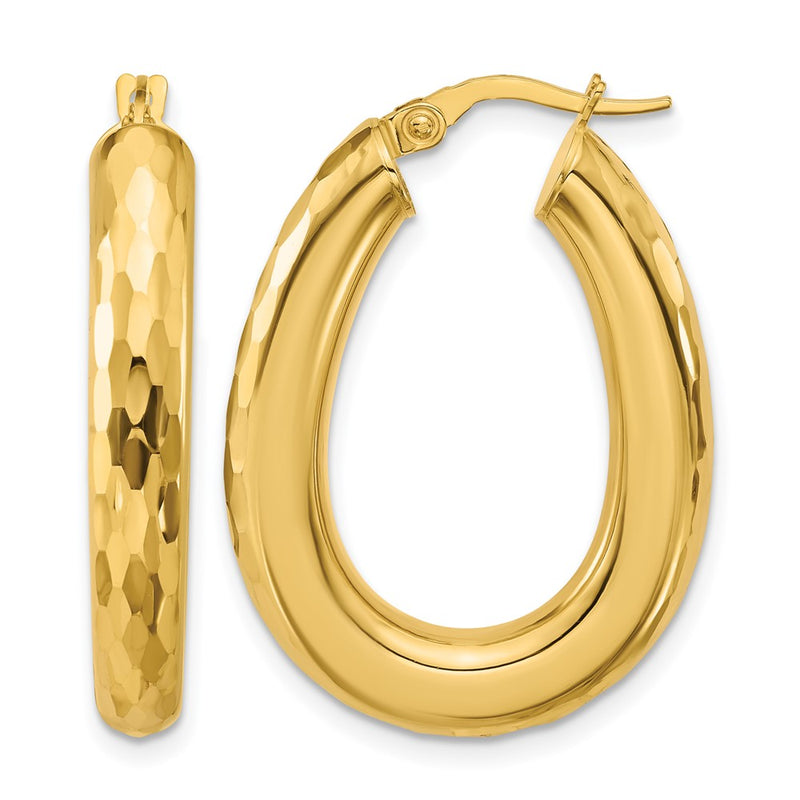 14K Yellow Gold Polished And Diamond Cut Oval Hoop Earrings