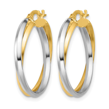 14K Two Tone With Rhodium Polished Twist Round Hoop Earrings