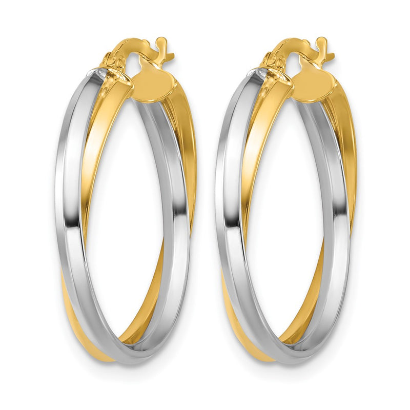 14K Two Tone With Rhodium Polished Twist Round Hoop Earrings