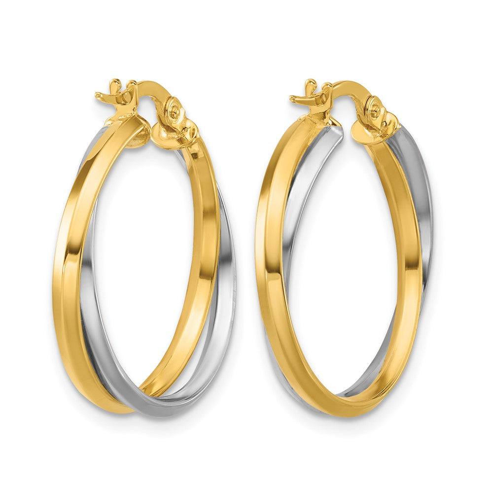 14K Two Tone With Rhodium Polished Twist Round Hoop Earrings