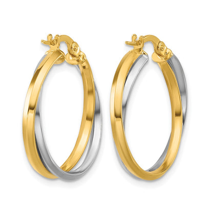 14K Two Tone With Rhodium Polished Twist Round Hoop Earrings
