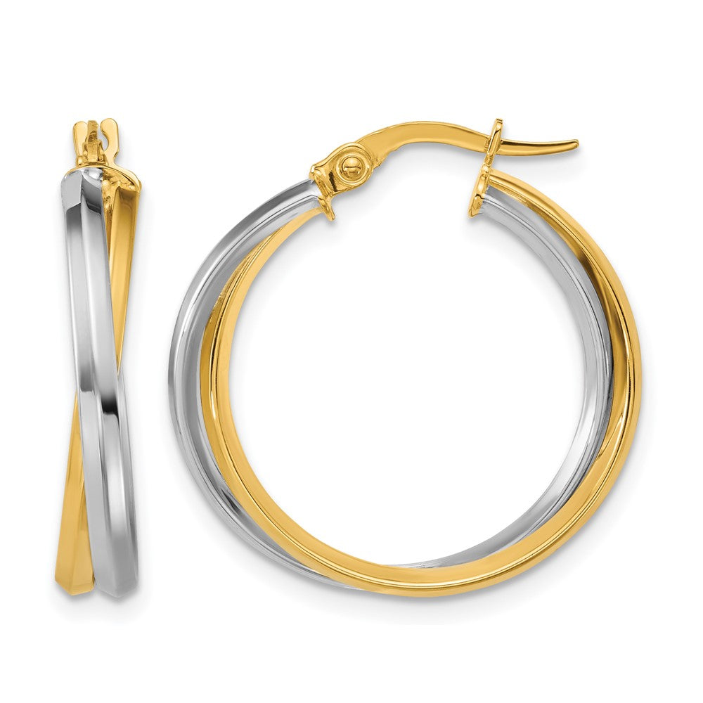 14K Two Tone With Rhodium Polished Twist Round Hoop Earrings