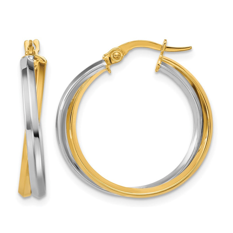 14K Two Tone With Rhodium Polished Twist Round Hoop Earrings