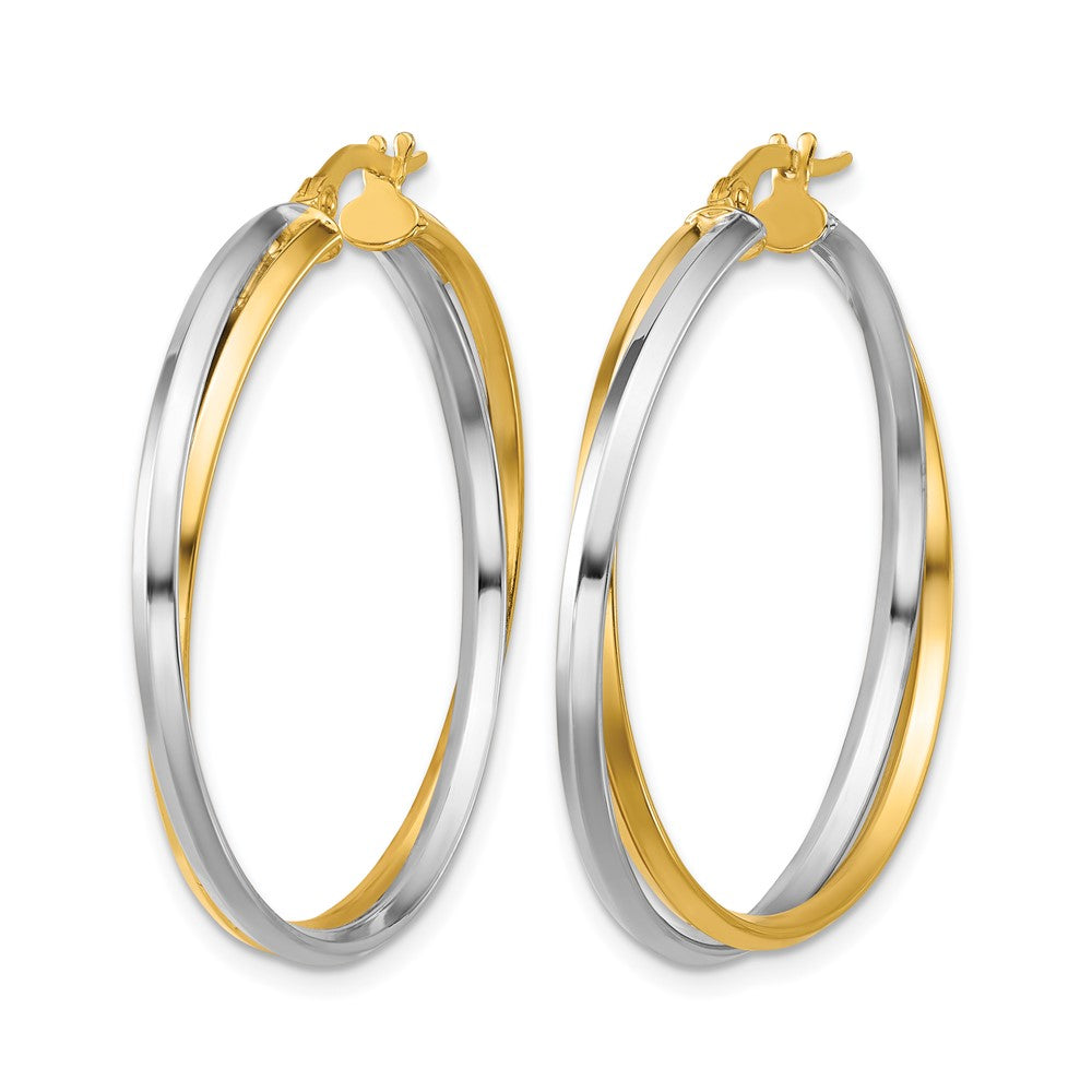 14K Two Tone With Rhodium Polished Twist Round Hoop Earrings