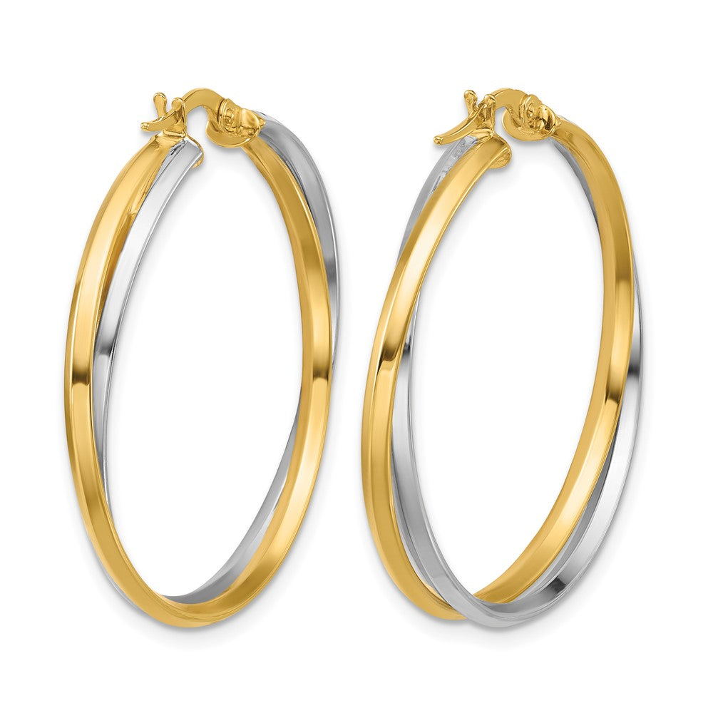 14K Two Tone With Rhodium Polished Twist Round Hoop Earrings