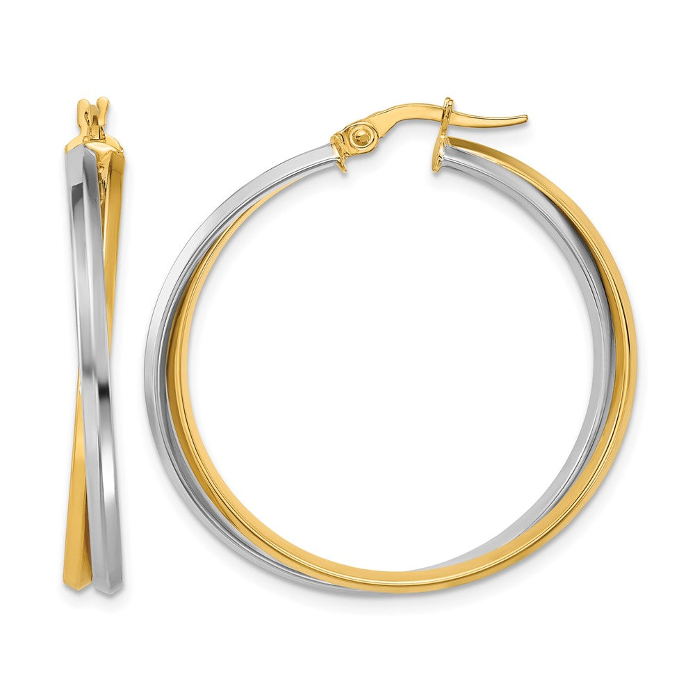 14K Two Tone With Rhodium Polished Twist Round Hoop Earrings