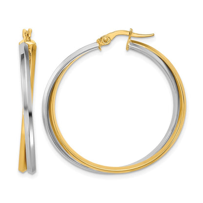 14K Two Tone With Rhodium Polished Twist Round Hoop Earrings