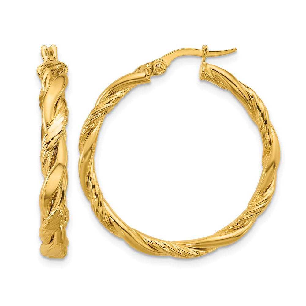 14K Yellow Gold Polished And Twisted Round Hoop Earrings