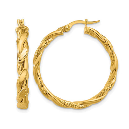 14K Yellow Gold Polished And Twisted Round Hoop Earrings