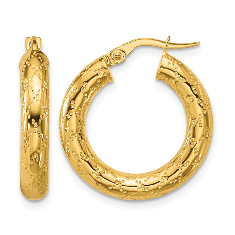 14K Yellow Gold Polished Patterned Round Hoop Earrings