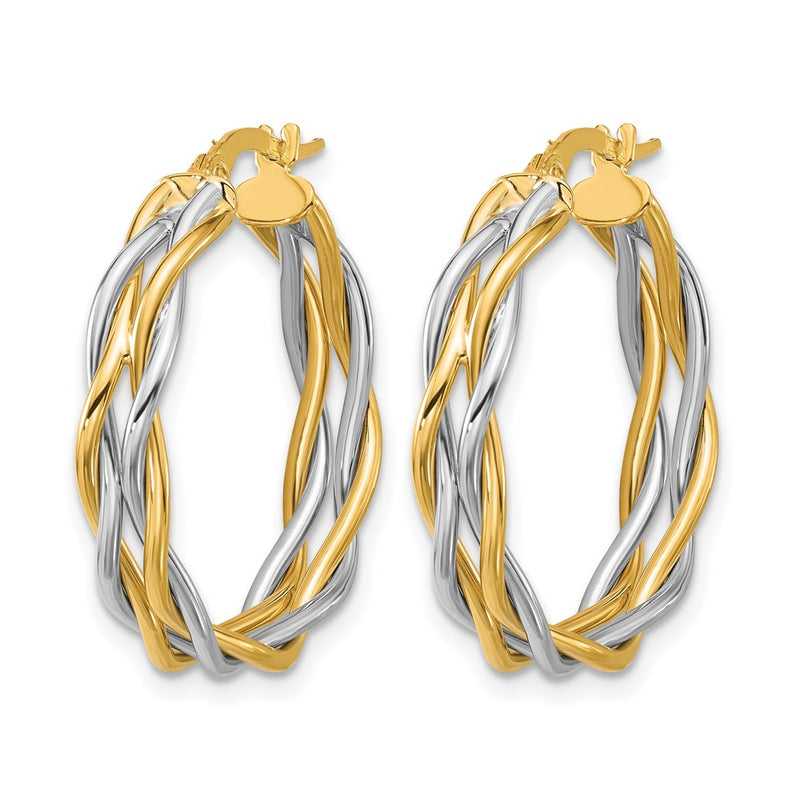 14K Two Tone With Rhodium Polished Twisted Round Hoop Earrings