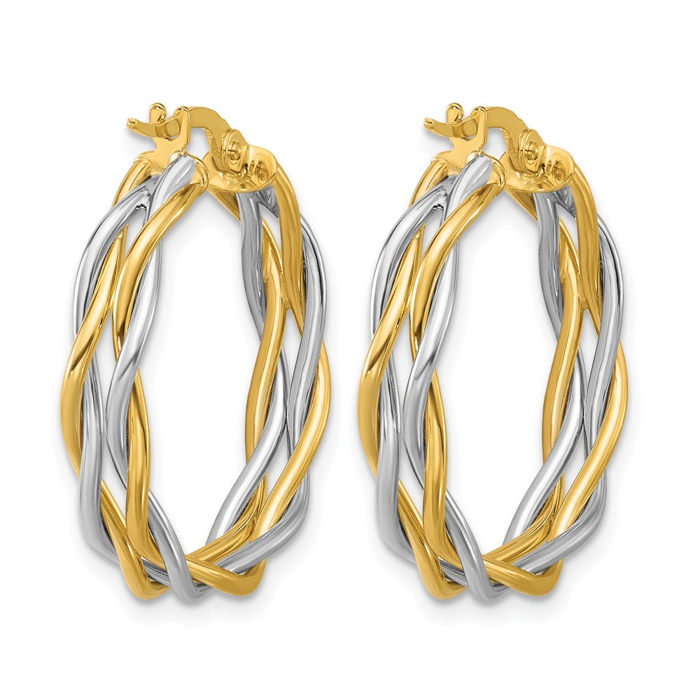 14K Two Tone With Rhodium Polished Twisted Round Hoop Earrings