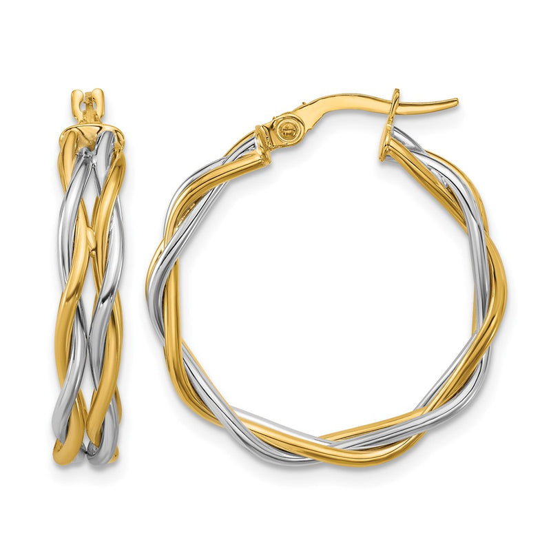 14K Two Tone With Rhodium Polished Twisted Round Hoop Earrings
