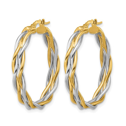 14K Two Tone With Rhodium Polished Twisted Round Hoop Earrings